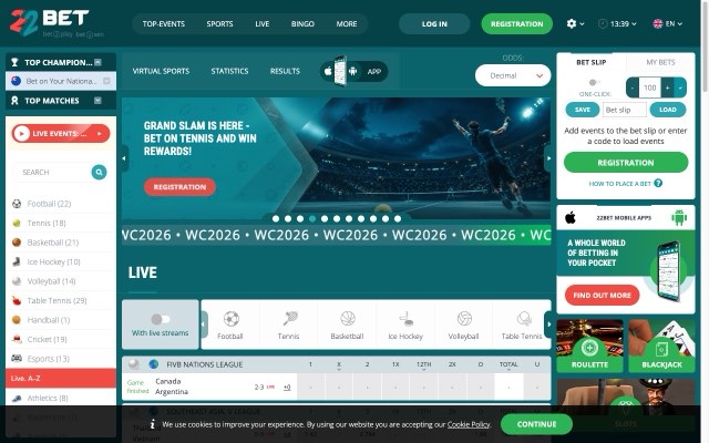 22Bet online casino homepage screenshot